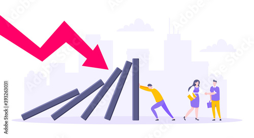 Domino effect or business resilience metaphor vector illustration. Adult young man pushing falling domino line and people behind shaking hands business concept of problem solving.
