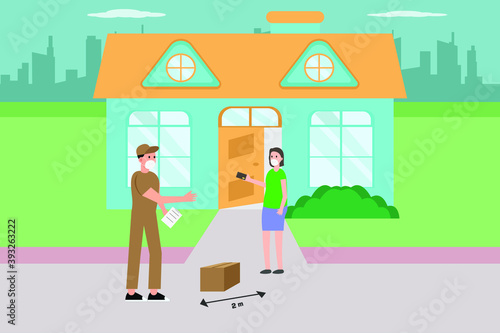 Delivery vector concept: Male courier in face mask receiving credit card payment from client at the yard with social distance during corona virus pandemic