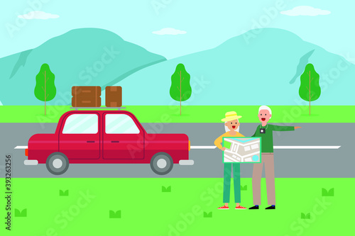 Holiday vector concept  Old couple looking at map while standing on the road together