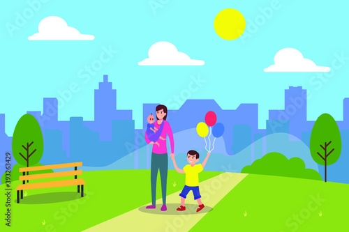 Taking care children vector concept  Young baby sitter and children walking in the park together while holding balloon