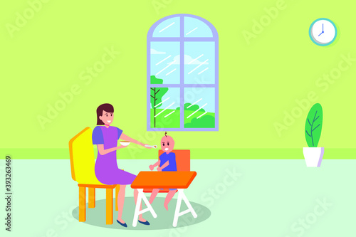 Taking care children vector concept: Baby sitter feeding food cute baby while sitting together at home