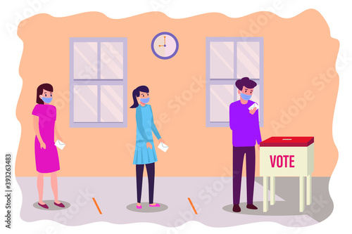 New Normal vector concept: Citizen wearing face mask putting vote bulletin in ballot box