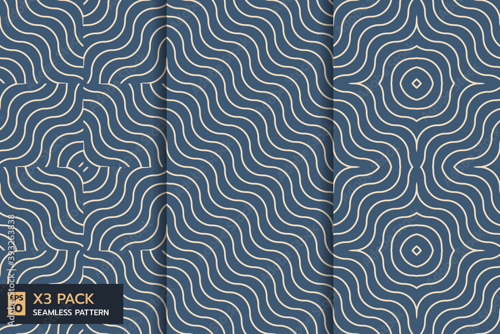 set of abstract wave line  seamless pattern on indigo background