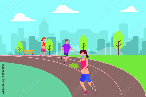 New Normal vector concept: People in face mask are jogging at the park during new normal life after corona virus pandemic