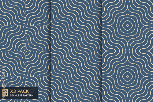 set of abstract wave line  seamless pattern on indigo background