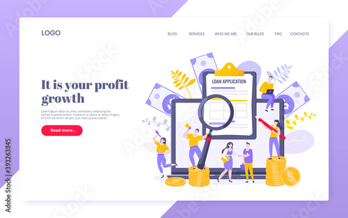 Loan money installment or credit approval business concept vector illustration. Salary payment, online payment symbols with people working together, large clipboard and money coins.