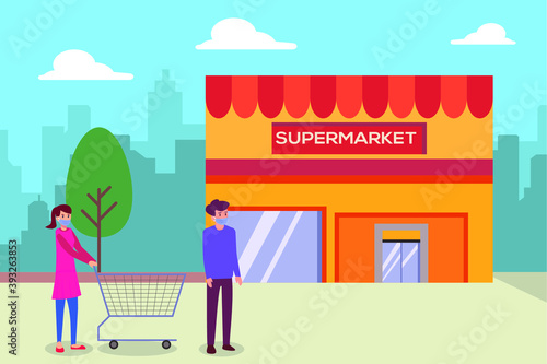 New Normal vector concept: People in face mask are queuing to enter supermarket during new normal life after corona virus pandemic