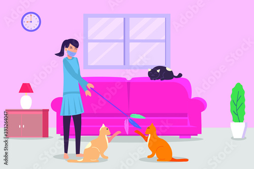 Pet vector concept: Woman in face mask using a fur to play with her cats at home during corona virus pandemic