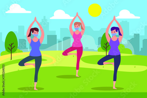 New Normal vector concept: Group of women in face mask doing yoga at the park during new normal life after corona virus pandemic