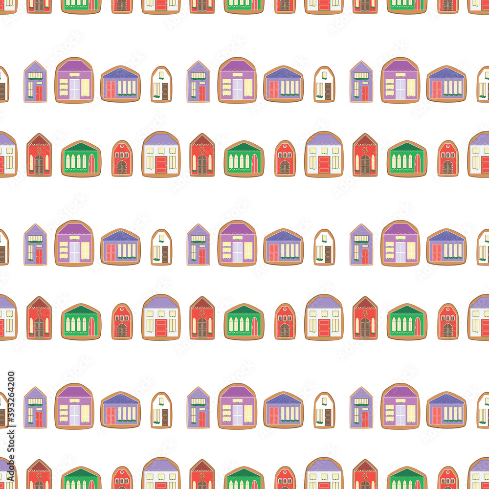 Seamless pattern with colorful gingerbread houses