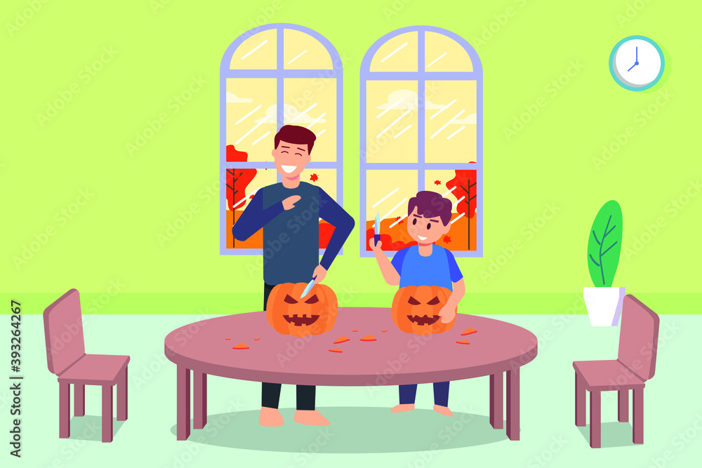 Carving pumpkin vector concept: Young father and little son carving pumpkin together while using knife Carving pumpkin vector concept: Young father and little son carving pumpkin together while using knife