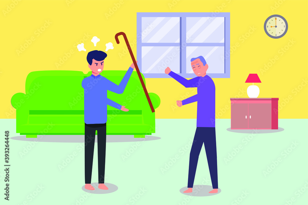 Elder Abuse vector concept: Young man hitting old man with stick at home while old man feeling unhappy Elder Abuse vector concept: Young man hitting old man with stick at home while old man feeling unhappy
