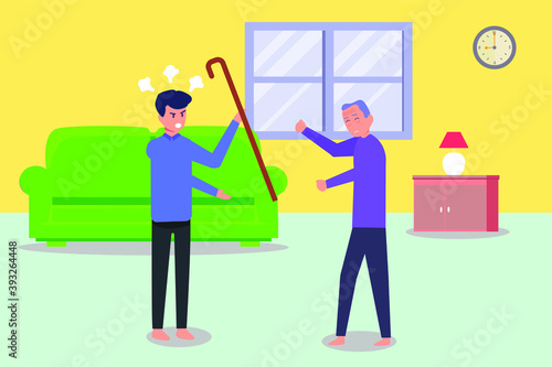 Elder Abuse vector concept: Young man hitting old man with stick at home while old man feeling unhappy
