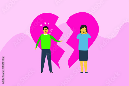 Breakup vector concept: Angry man scolding his wife with breakup heart background