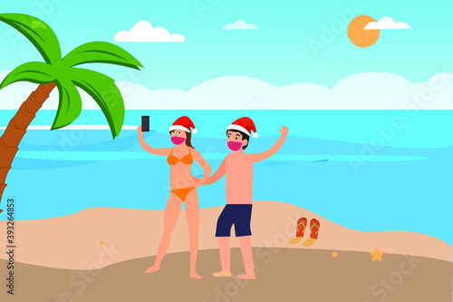 Christmas holiday vector concept: Happy couple in face mask taking selfie photo together while wearing christmas hats and swimwear on the beach © Creativa Images