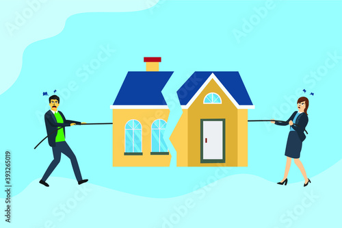Couple conflict vector concept: Furious divorce couple pulling and dividing house symbol