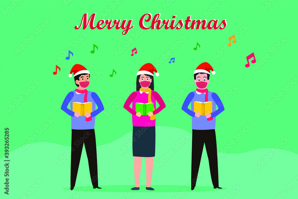 Christmas vector concept: Group of young people cartoon singing christmas carol while wearing face mask during corona virus pandemic Christmas vector concept: Group of young people cartoon singing christmas carol while wearing face mask during corona virus pandemic