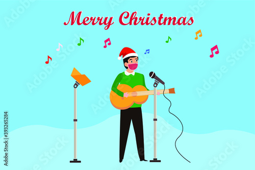 Christmas vector concept: Man singing christmas carol while wearing face mask and playing guitar