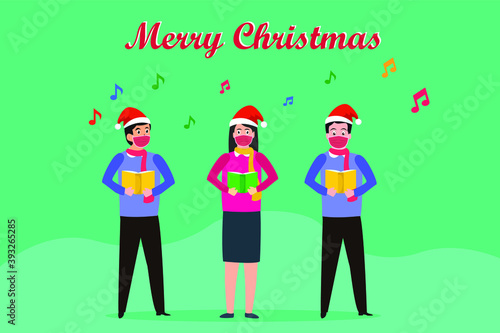 Christmas vector concept: Group of young people cartoon singing christmas carol while wearing face mask during corona virus pandemic