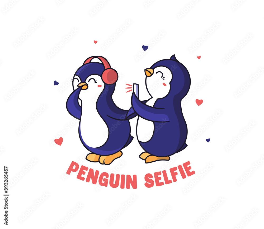 Obraz premium The funny Penguins taking a selfie. Cartoonish animals a traveling
