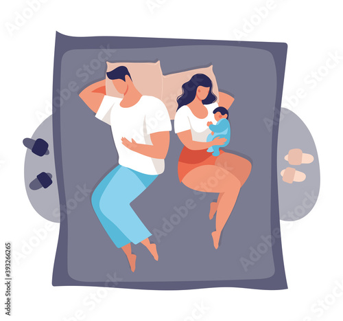 A young family sleeps with a baby. Dad and mom sleep on the bed, hugging the baby, top view. Flat vector illustration isolated on white background