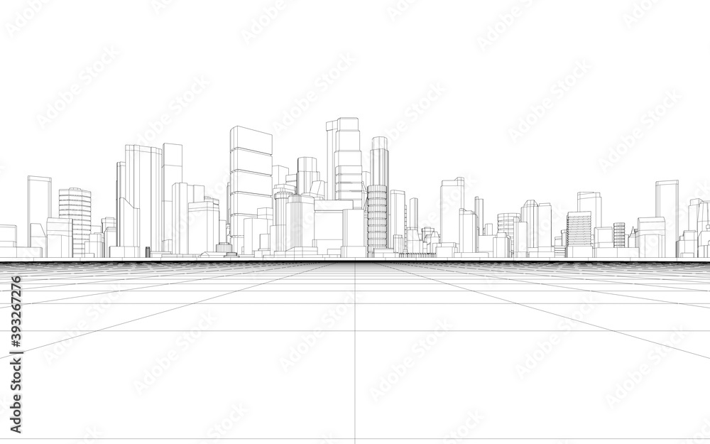 Empty grid floor for the development project. 3d rendering of abstract wireframe cityscape with white background.