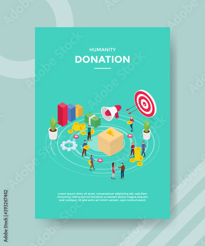 humanity donation people put money in box for template of banner and flyer for printing magazine cover and poster with flat cartoon style