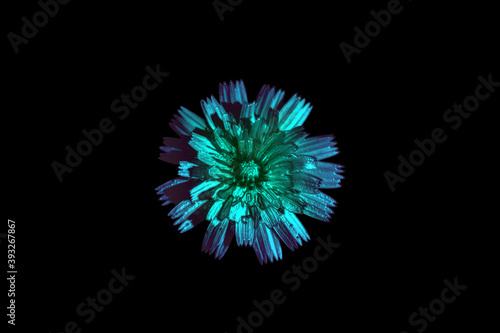Ornamento floral con textura metálica. Flor de diente de león aislada sobre fondo negro. Diseño para joyería o decoración en colores fríos de estilo futurista.