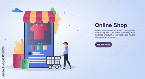 Illustration concept of online shop with people pushing shopping carts.