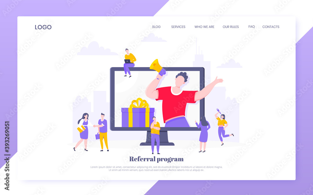 Refer a friend flat style design vector illustration business concept. Man with megaphone stands in the pc monitor and shout out to the people web template. Refer a friend flat style design vector illustration business concept. Man with megaphone stands in the pc monitor and shout out to the people web template.