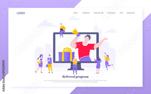 Refer a friend flat style design vector illustration business concept. Man with megaphone stands in the pc monitor and shout out to the people web template.