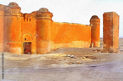 Ancient fortress ruins colorful painting looks like picture photo