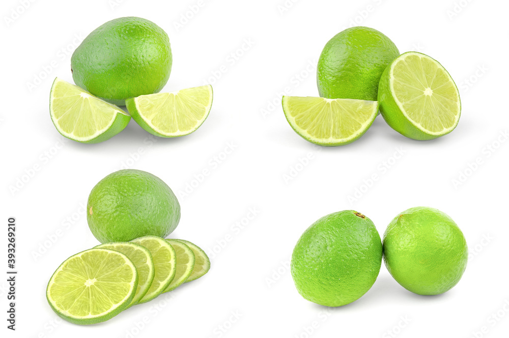 Collage of limes isolated over a white background