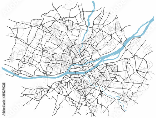 Nant city map (France) - town streets on the plan. Monochrome line map of the  scheme of road. Urban environment, architectural background. Vector 