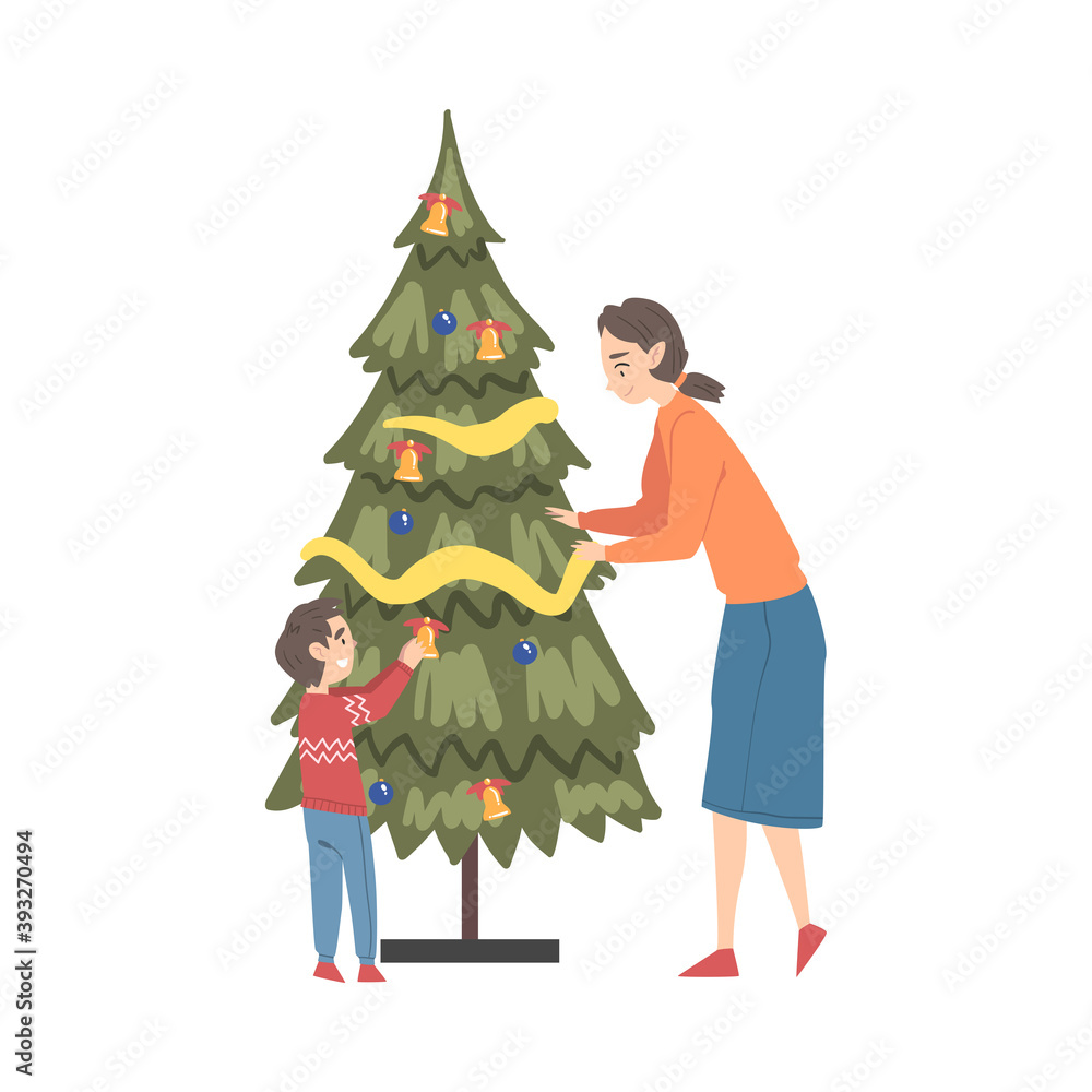 Mother and Son Decorating Christmas Tree, Happy Family Preparing for Holiday Celebration, Merry Xmas and New Year Cartoon Style Vector Illustration Mother and Son Decorating Christmas Tree, Happy Family Preparing for Holiday Celebration, Merry Xmas and New Year Cartoon Style Vector Illustration