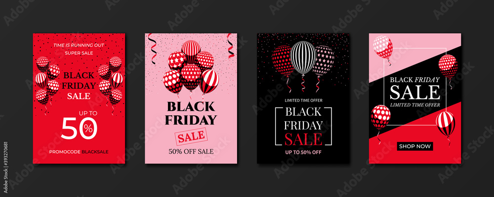 Black Friday sale banner. Advertising sale posters design templates set. Bunch of balloons and confetti in minimal flat style