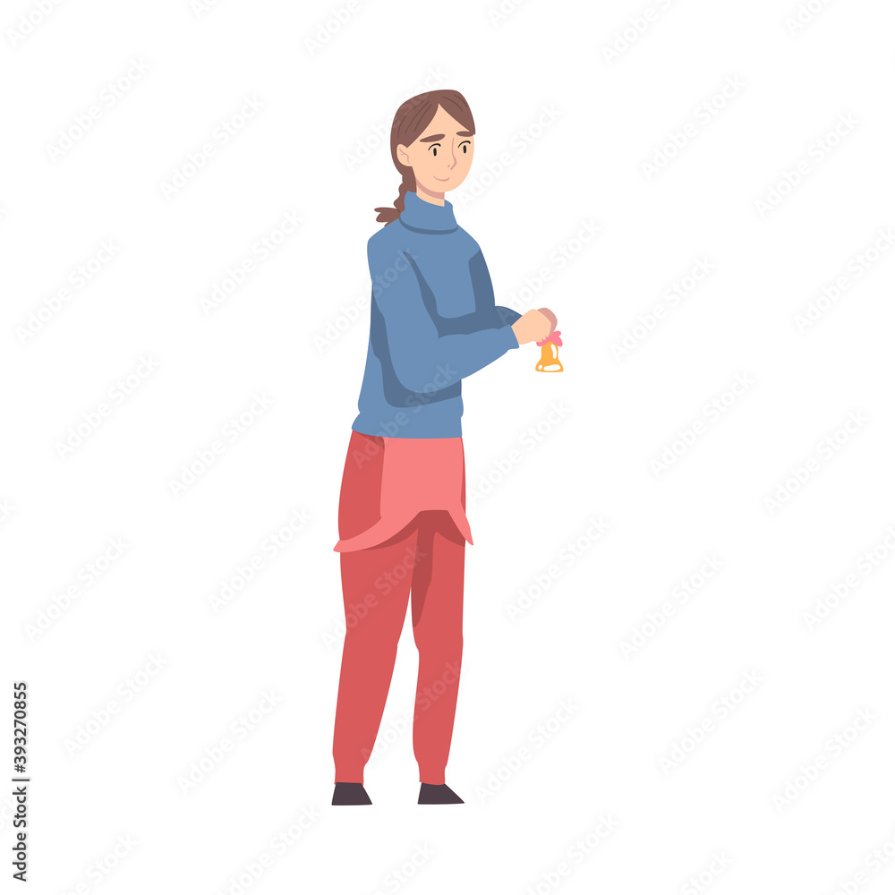 Cheerful Girl Holding Bell in Her Hands, Woman Preparing for Holiday Celebration Cartoon Style Vector Illustration Cheerful Girl Holding Bell in Her Hands, Woman Preparing for Holiday Celebration Cartoon Style Vector Illustration