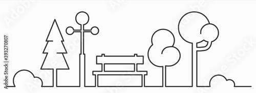 Outline city park, bench, lights and trees. Landscape sketch. Creative horisontal line art monochrome vector illustration on white background.