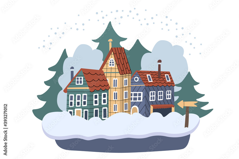 Vector winter town. Cozy houses surrounded by forest and snowdrift. Snowy day country landscape. Illustration isolated on white. Great for Christmas cards, posters. Flat design.