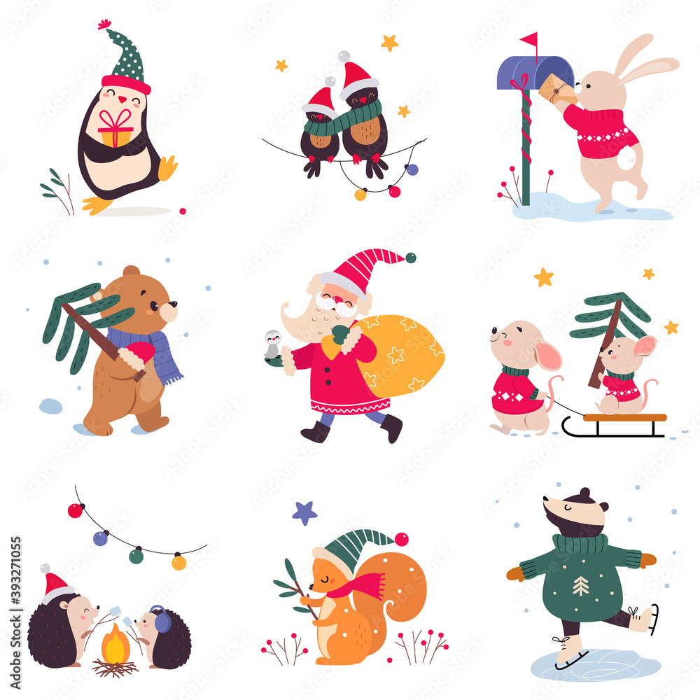 Xmas Animals Cartoon Characters, Merry Christmas and Happy New Year Winter Holidays Vector Illustration