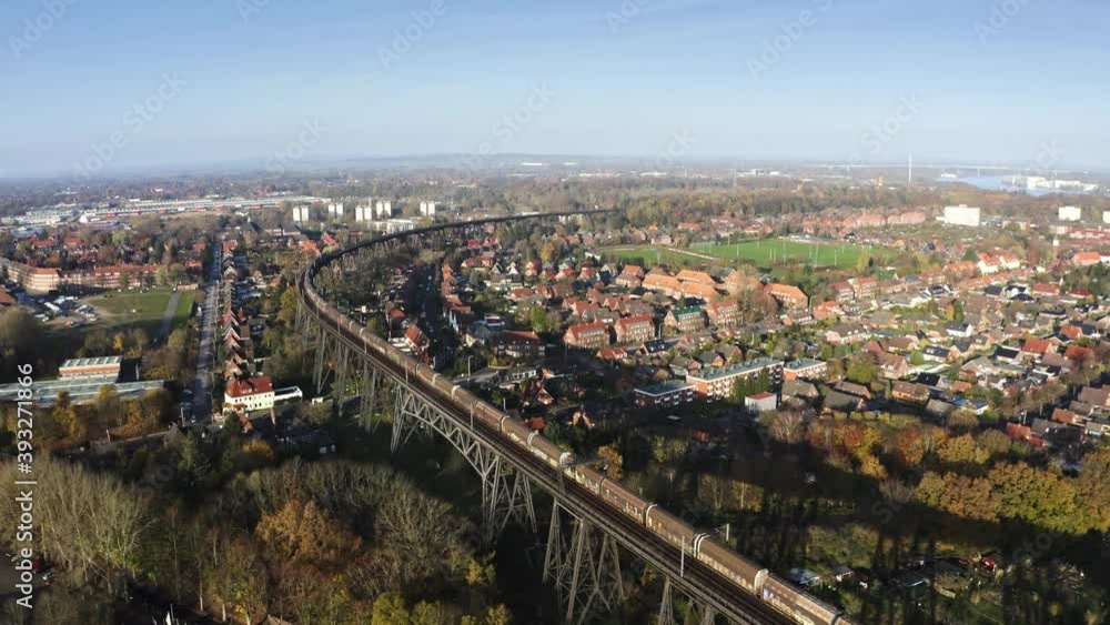 Drone flight over the Hochbrücke Rendsburg at the River Wehrau with a overview, Schleswig holstein Germany Drone flight over the Hochbrücke Rendsburg at the River Wehrau with a overview, Schleswig holstein Germany