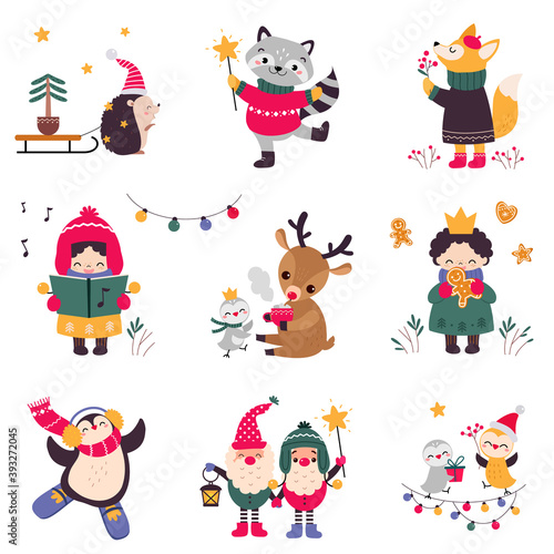 Xmas Animals Cartoon Characters Collection, Merry Christmas and Happy New Year Holidays Vector Illustration