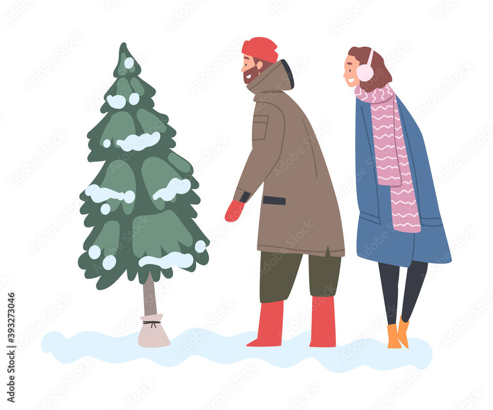 People Choosing Pine Tree in Forest, Merry Xmas and New Year Holidays Celebration Cartoon Style Vector Illustration People Choosing Pine Tree in Forest, Merry Xmas and New Year Holidays Celebration Cartoon Style Vector Illustration