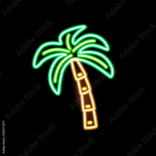 Neon sign of palm on black background. Fluorescent tropical tree symbol. Decorative glowing illuminated element. Outline vector illustration of electric sign