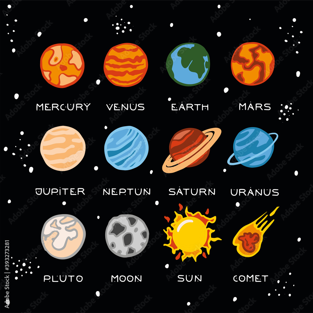 Vector illustration of a planet in the solar system. Planets, comet ...