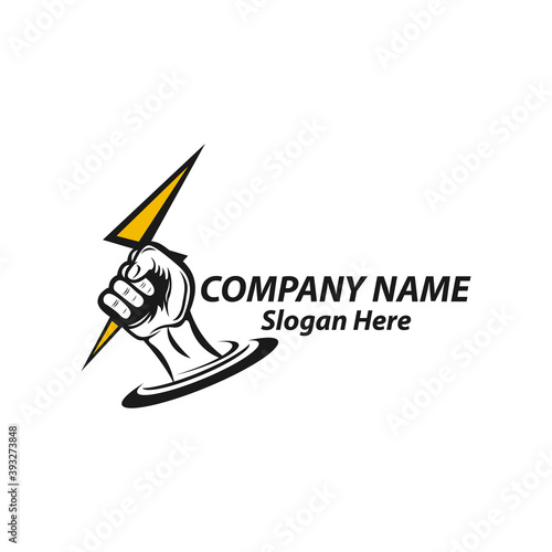 Symbol or Logo Template. Hand Holding Lightning Bolt Silhouette with Retro Typography. Isolated.
