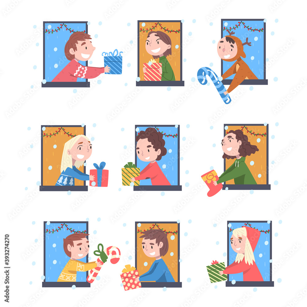 Cheerful Kids Looking out of the Windows Set, Boys and Girls Giving or Receiving Christmas Gifs, Merry Xmas and New Year, Happy Winter Holidays Concept Vector Illustration Cheerful Kids Looking out of the Windows Set, Boys and Girls Giving or Receiving Christmas Gifs, Merry Xmas and New Year, Happy Winter Holidays Concept Vector Illustration