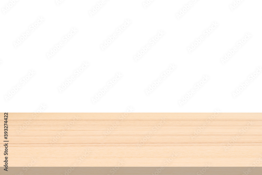 Empty wooden table top isolated on white background for product display montage Empty wooden table top isolated on white background for product display montage
