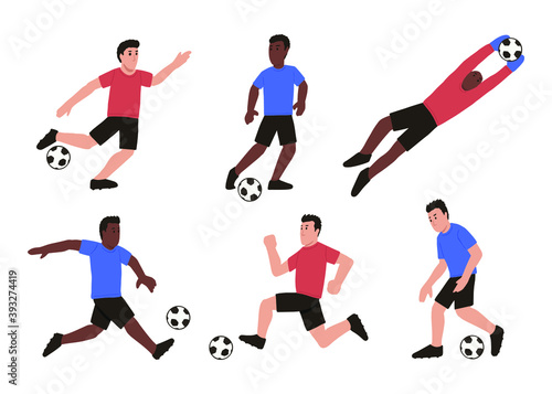 Cartoon male soccer players set. Isolated vector illustration. Active people playing football in different poses.