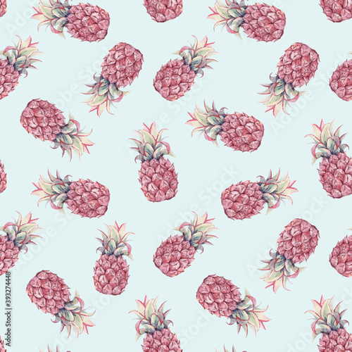 Beautiful seamless pattern with watercolor pineapple. Stock illustration.